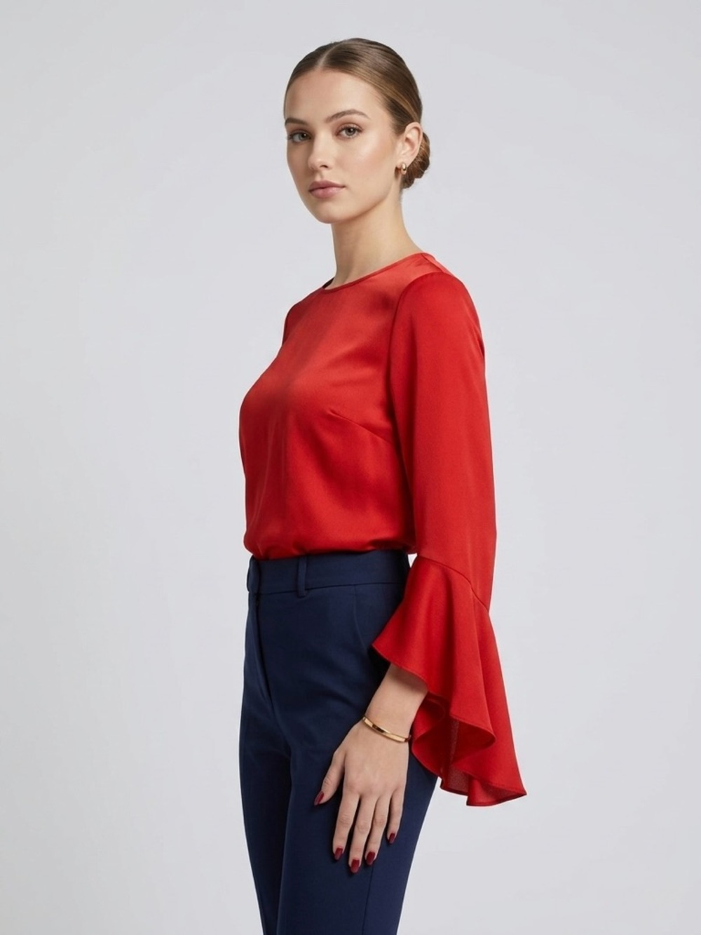 Vince Camuto Spectrum Red Satin Crepe Flutter Bell Sleeve Blouse Keyhole Small